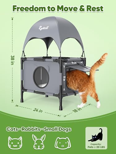 Rywell Outdoor Cat House Elevated 2-Tier Outdoor Cat Shelter with Canopy, Multi-Level Raised Platform, Outside Cat House with Breathable Mesh & Reversible Pad for Multiple Cats