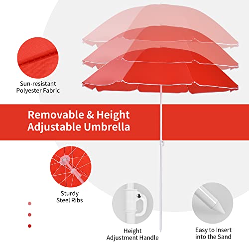 Goplus Double Camping Chair with Umbrella, Folding Loveseat Chairs w/Canopy Shade, Carrying Bag, Table, Cup Holder, Portable Beach Chairs Outdoor Picnic Patio (Red) - color: Red