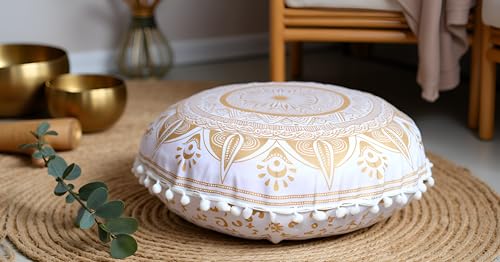 CRAFT KALA 22" Round Mandala Comfort Meditation Floor Pillow Cover, Large Pillows Seating Cover for Adults, Cushions Cover for Outdoor Yoga Fireplace Living Room Ottoman Cover White Gold Trishul - color: White Gold Trishul, size: 22"
