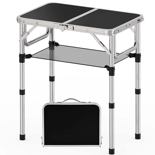 YihuiKo Small Folding Table, Aluminum 24" x 16" Adjustable Height Max 27.5" Folding Camping Table with Carrying Handle, Lightweight, Portable Camp Table for Outdoor Indoor Picnic Beach, Black - size: 24"L x 16"W x 27"H