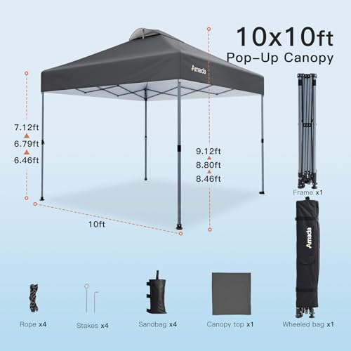 Amada 10x10 Pop Up Canopy Tent, 1-Button Push Easy-up Outdoor Canopy Beach Tent with 3-Height Adjustable Waterproof Shade Shelter, Wheeled STO-N-Go Bag 8 Stakes, 4 SandBags (10×10ft, Dark Gray) - color: Dark Grey, size: 10x10ft