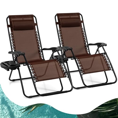 Goplus Zero Gravity Lounge Chairs, 160°Adjustable Folding Recliner w/Pillow and Cup Holder, 350LBS Comfy Outdoor Lounge Chairs for Patio, Lawn, Yard & Camp(Set of 2, Brown) - color: Brown, size: 35.4" x 25.2" x 43.3" (Set of 2)