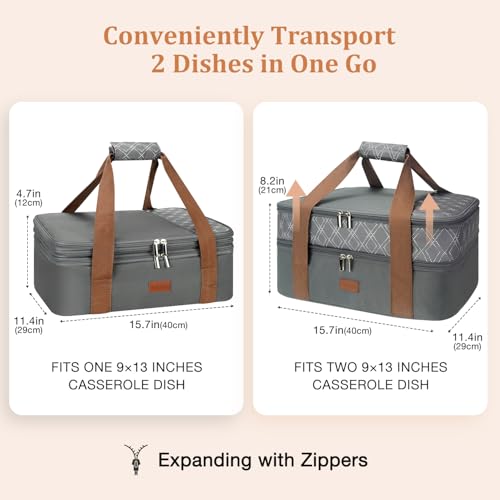 Expandable Casserole Carrier Bag - Double Decker Food Bag, Insulated Casserole Carrier for Hot or Cold Food, Lasagna Holder Tote for Picnics,Beaches,Traveling or Gifts - color: Grey