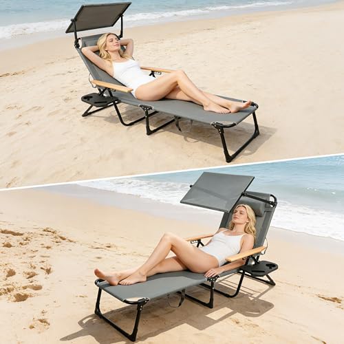 Outdoor Chaise Lounge Chair with 4-Position Adjustable Backrest,Patio Folding Sun Tanning Chair,Pillow & Cup Holder,Portable Recliner Sunbathing Lounger Chairs for Beach Garden (Grey with Shade) - color: Grey With Shade