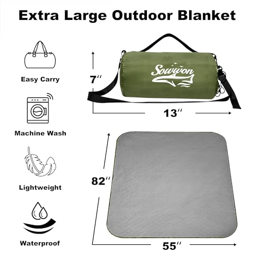 Waterproof Outdoor Blanket 82”X 55” Packable, Stadium Blankets for Camping with Quilted Fleece Lining, Large Windproof Emergency Throw Mat for Garss Picnic Hiking Road Trip, Machine Washable, Green - color: Fleece Green-300 Gsm, size: 82"x 55"