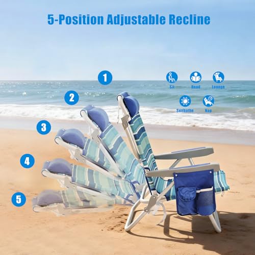 SUNNYFEEL Low Beach Chair, 5-Position Lay Flat Reclining, Backpack Portable Folding Chair with Cooler Bag & Cup Holder, Heavy Duty 350 LBS, Compact for Beach, Camping, Travel - color: Light Blue Stripe, size: 1-pack