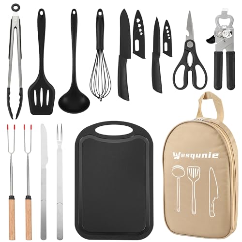 Wesqunie Camping Essentials Cookware Cooking Utensils Set - Portable Camp Kitchen Mess Kit Outdoor Accessories, Stainless Steel & Silicone, Camping Gear Equipment for RV Picnic Grill, 14PCS Khaki - color: 14PCS Khaki
