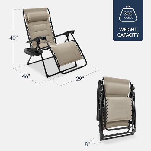 Best Choice Products Oversized Padded Zero Gravity Chair, Folding Outdoor Patio Recliner, XL Anti Gravity Lounger for Backyard w/Headrest, Cup Holder, Side Tray, Polyester Mesh - Dune - color: Dune