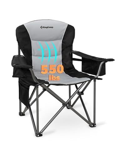 KingCamp Oversized Camping Chair with Adjustable Lumbar Support, 550lbs Heavy Duty Padded Folding Lawn Chair for Adults, Outdoor Armchair with Cooler Bag, Cup Holder & Side Pocket for Fishing, Travel - color: 1 Pack-black/Grey
