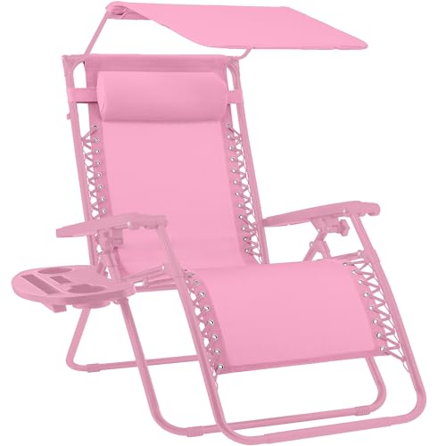 Best Choice Products Folding Zero Gravity Outdoor Recliner Patio Lounge Chair w/Adjustable Canopy Shade, Headrest, Side Accessory Tray, Textilene Mesh - Carnation - color: Carnation, size: Standard