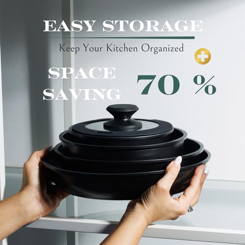 Moss & Stone 10pcs Nonstick Cookware Pans with Removable Handles, Space Saving Pots and Pans with Removable Handles, RV Pots and Pans Set for Camping, Oven and Induction Ready - size: 10 Pcs Black