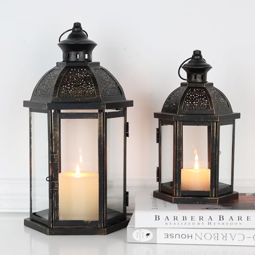 Large Lantern Decorative Outdoor & Indoor, Set of 2 (15’’&11’’) Metal Candle Lanterns Decor, Vintage Hanging Candle Holder for Front Porch Patio Wedding Farmhouse Home, Spring Decoration - color: Black / 14.6''h+10.8''h