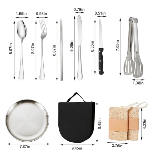 Camping Cutlery Set, 12-Piece Stainless Steel with Plates and Case, Portable Outdoor Dining Kit, Silver