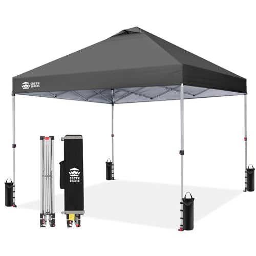 CROWN SHADES 10x10 Pop Up Canopy - Beach Tent with One Push Setup - Easy Outdoor Sun Shade Shelter for Events, Parties - Gazebo with STO-N-Go Cover Bag, Silver Coated Top, Grid Grey - color: Grid Grey, size: 10x10