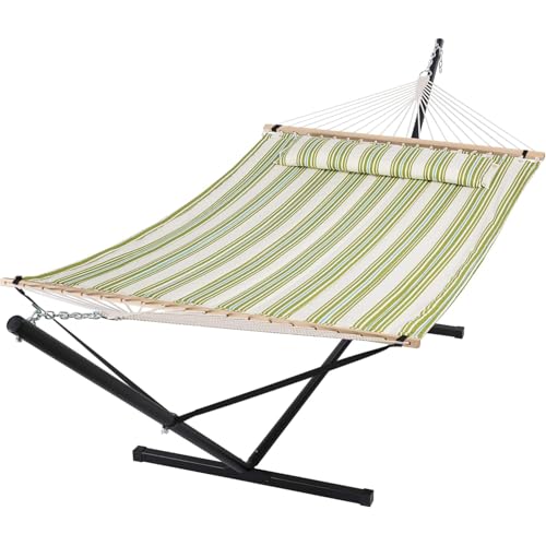 SUNCREAT Portable Double Hammock with Stand, 475 lbs Capacity, Heavy Duty Two Person Hammock with Stand Included, Green Stripe - color: Green&beige, size: 12 ft Stand