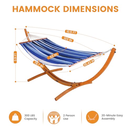 Lazy Daze Hammocks Cotton Fabric Spreader Bar Hammock and 10.5 Ft Wood Arc Hammock Stand Combo, for Indoor, Outdoor,Patio, Backyard, Blue and Cyan - color: Blue and Cyan