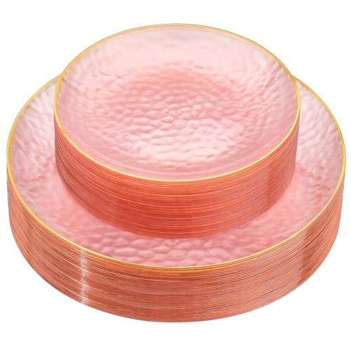 Rubtlamp 60Pcs Pink Plastic Plates,Clear Pink Plates With Gold Rim,Hammered Gold Plates Include 30Pink Plastic Dessert Platos, 30Gold Dinner Platos For Party - color: Clear Gink Gold