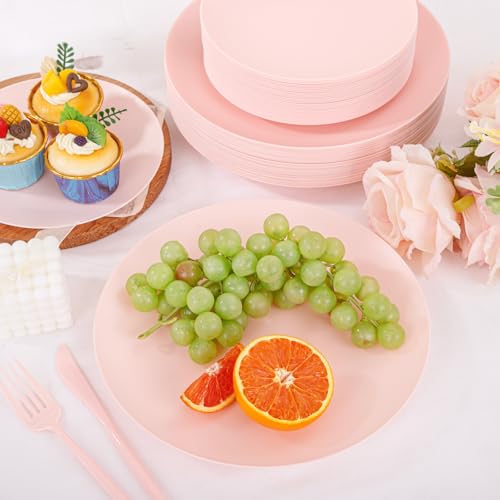 EI 150pcs Pink Plastic Plates Pink Disposable Heavy Duty Plastic Plates for Party Dinnerware Set Pink Plastic Silverware for Party Wedding Afternoon Tea,Spring,Mother's Day,Valentine's Day,Easter - color: Pink Frosted Plastic Plates