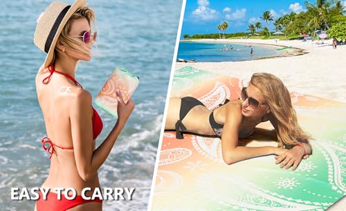 AISPARKY Beach Blanket Waterproof Sandproof Quick Drying Beach Mat Extra Large Outdoor Picnic Blanket for Travel Camping Hiking - color: Paisley-greenorange, size: 79" X 83"
