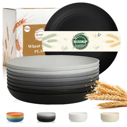 Kitchen Plates Set for 8, Unbreakable Wheat Straw Plates 10 Inch, Alternative to Plastic Plates Reusable, Microwavable Plates for Apartment, Dorm, RVs - BlackGrey - color: blackgrey, size: 10 Inch