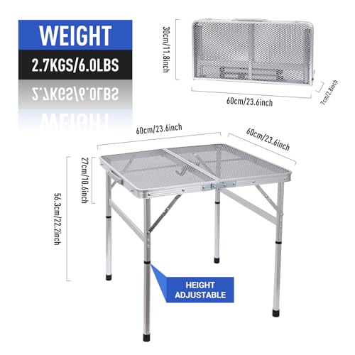 C Square Folding Height Adjustable Aluminum Table - 23.6"x23.6" White, Mesh Bag, Carry Handle, Ideal for Grill, Camping, Outdoor, Card Games