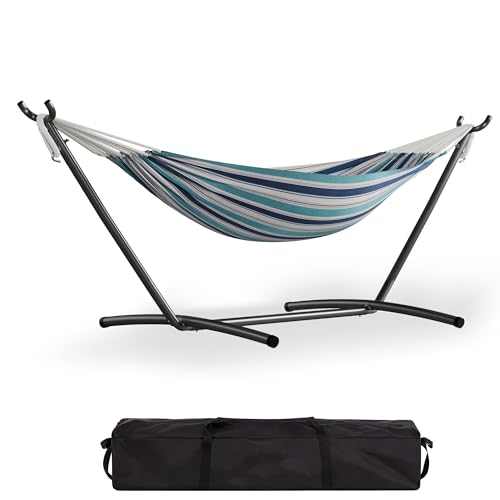 GarveeLife Double 2 Person Hammock, Indoor Outdoor Standing Hammock with Space Saving Steel Stand, Carry Bag, 450 LBS Weight Capacity, Suitable for Garden Camping Beach, Ocean - color: Ocean