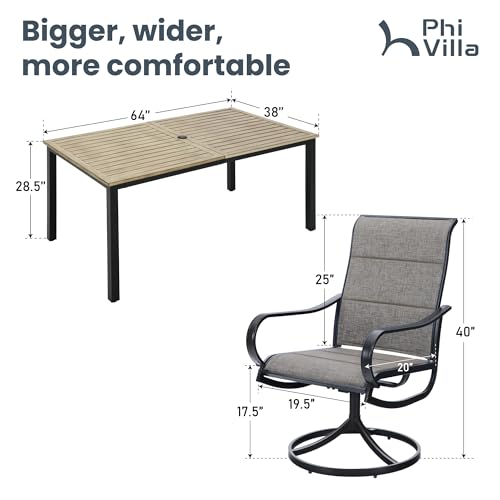 PHI VILLA Patio Dining Set for 6, Padded Textilene Swivel Dining Chairs & Brown Metal Slat Table Top with 1.6" Umbrella Hole, Rustproof Waterproof for All Weather,Outdoor Dining Set for Garden Yard - color: Brown Padded Fabric, size: 64"L x 38"W x 28"H-Me