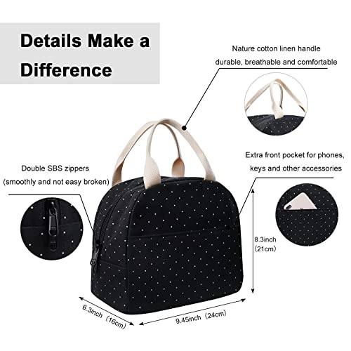 EurCross Upgraded Compact Black Lunch Bag for Girls Women,Canvas Reusable Insulated Polka Dot Lunch Tote Box Bag for Work School - color: Black Polka Dot
