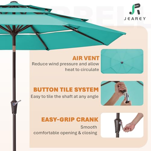 JEAREY 9FT 3 Tier Patio Umbrella Outdoor Market Umbrella Table Umbrellas with 8 Ribs 1.5 Pole Push Button Tilt and Crank UV Protection for Garden,Peacock Blue - color: Peacock Blue