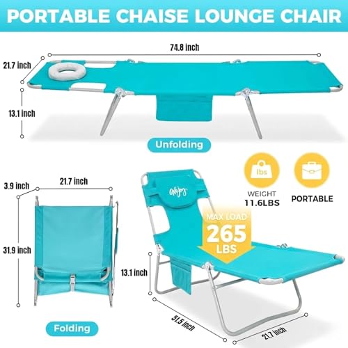#WEJOY Folding Tanning Chair with Face Hole, 5 Positions Face Down Beach Lounge Chairs with Pillow for Outside Sunbathing Poolside (Cyan) - color: Readease-face Hole Cyan, style: ReadEase 5 Position Face Hole