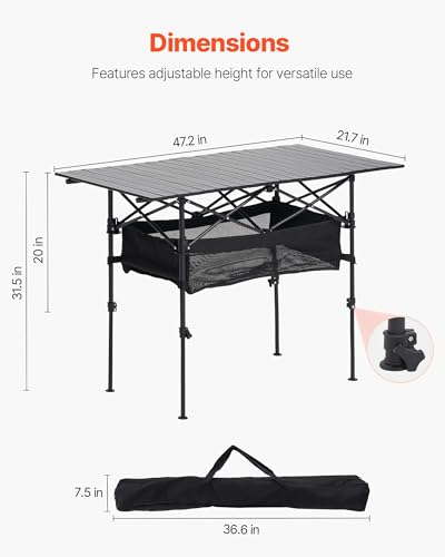 VEVOR Folding Camping Table, Portable Roll Up Side Tables, Lightweight Aluminum Beach Table for Outdoor BBQ Tailgating Picnic, Travel (47 inch-Black) - color: Black