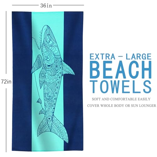 Genovega Oversized Terry Beach Towel 36 x 72 in Soft Extra Large Big Pool Swim Towels for Adult XL Clearance Big Travel Blanket Cruise Vacation Accessories Essentials Lounge Chair Cover Shark - color: Small Shark Blue