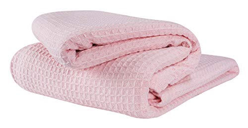 Glamburg 100% Cotton Thermal Blanket, Breathable Twin Size Waffle Blanket, All Season, Baby Pink - color: Baby Pink, size: Twin (60"x90")