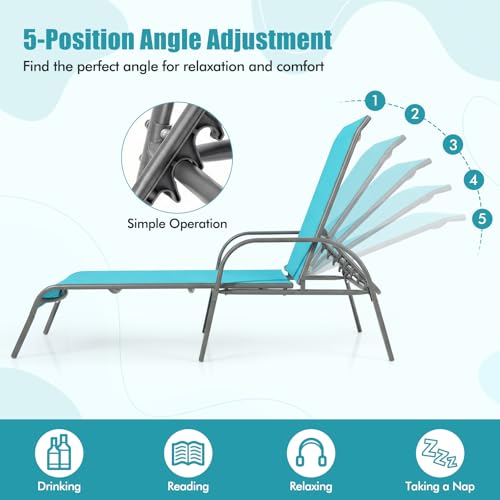 Tangkula Lounge Chair Outdoor, Patio Chaise Lounge with Adjustable Backrest, Reclining Pool Lounge Chair for Outside with Heavy Duty Steel Frame, Suitable for Beach, Yard, Balcony, Poolside - color: Turquoise
