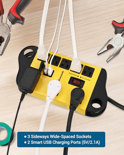 DEWENWILS 8-Outlet Metal Power Strip Surge Protector with 2 USB Ports, UL Listed, 15 Ft Flat Plug Extension Cord, Heavy Duty Industrial Power Strip,15A Circuit Breaker, 1440Joules, Wall Mount - size: 15 Ft