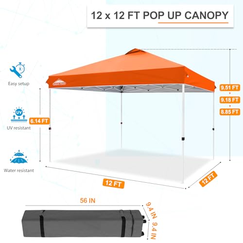EAGLE PEAK Pop Up Canopy Tent with Wheeled Carry Bag, 8 Stakes, 4 Ropes, 4 Weight Bags, Easy Set Up Tent Canopy, 12x12 ft, 144sqft of Shade, Orange - color: Orange, size: 12x12