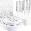 GATHER 176 Pieces Silver Plates - Disposable Silver Plastic Plates Includes 50 Plates, 75 Silverware, 25 Napkins, 25 Silver Rimmed Cups and 1 Tablecloth Perfect for Party & Weding - color: Silver, size: 25 Guests