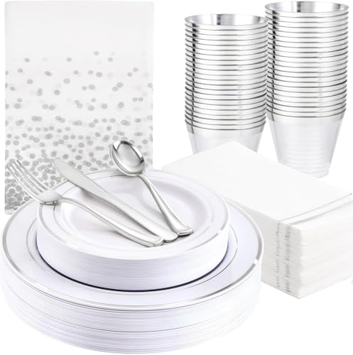 GATHER 176 Pieces Silver Plates - Disposable Silver Plastic Plates Includes 50 Plates, 75 Silverware, 25 Napkins, 25 Silver Rimmed Cups and 1 Tablecloth Perfect for Party & Weding - color: Silver, size: 25 Guests