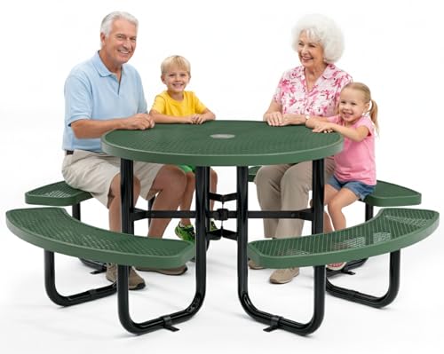 Metal Picnic Tables for Outdoors with Umbrella Hole - Coated Steel Heavy Duty Commercial Grade Furniture Set with Adjustable Seats (Green, 46 in, Round, Expanded Steel) - color: Green, size: 46 In, Round, Expanded Steel