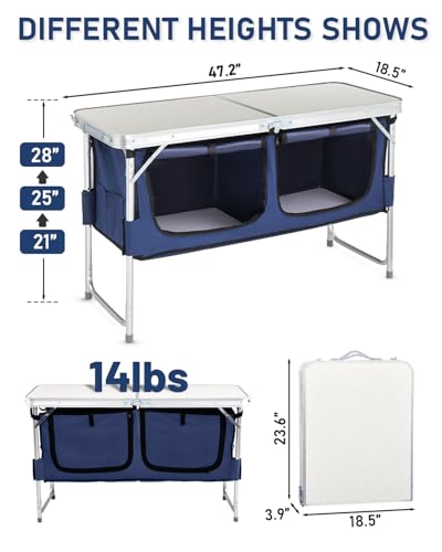Outvita Folding Table, 4FT Aluminum Camping Table with Large Storage Space and Adjustable Height Picnic Table Lightweight for Carring Outdoor Party Events Beach - color: White, style: With blue storage bag