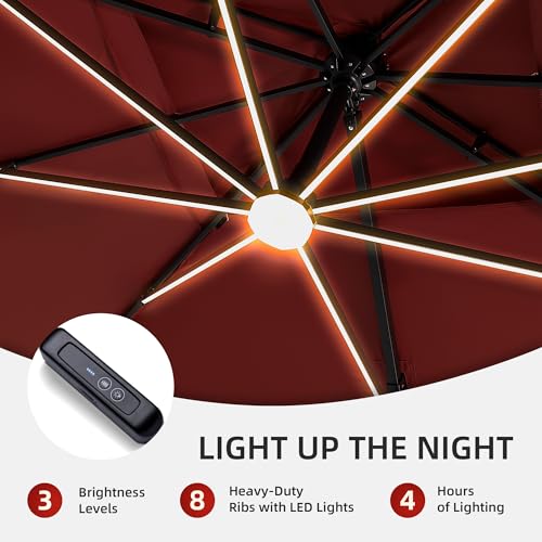 9 X 12 FT Cantilever Outdoor Patio Umbrella with Led Lights Heavy Duty Windproof Double Top Large Rectangle Offset Umbrellas with 360-degree Rotation for Garden Pool Deck Backyard, Red - color: Red, size: 9' X 12'- Only Umbrella(LED)