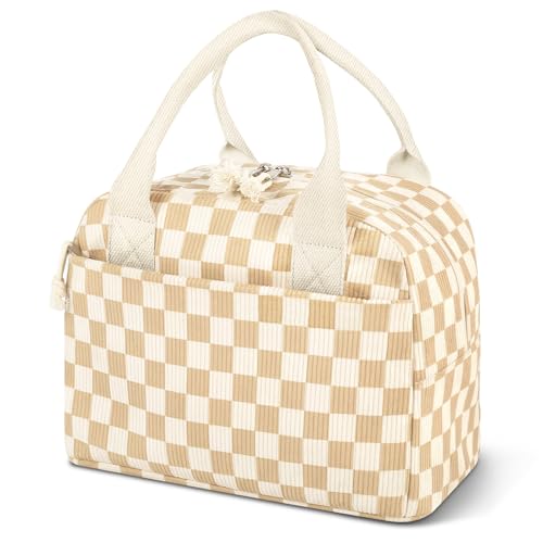 Reusable Insulated Lunch Bag for Women Men, Corduroy Lunch Tote Leakproof Cooler Bag with Reinforced Stitching, Cute Lightweight Thermal Lunch Box for Work Study Picnic Travel, Checkered Beige Brown - color: Checkered Beige Brown