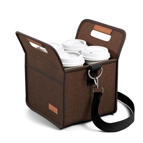 Fluxynara 4-Cup Reusable Felt Drink Carrier with Handle and Adjustable Shoulder Strap, Drink Holder for Car, Multi-Cup Drink Carrier Bag for Delivery, Travel, Picnics (Coffee Brown) - color: Coffee Brown, size: 4 Cups