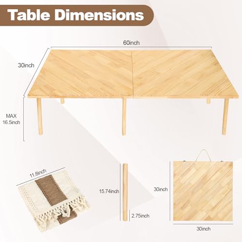 Folding Picnic Table 60x30in, Solid Wood Portable Low Floor Table, Mortise & Tenon Joints, Adjustable Height, Boho Table for Beach Camping Garden Party, Runner Included, Seats 4-6