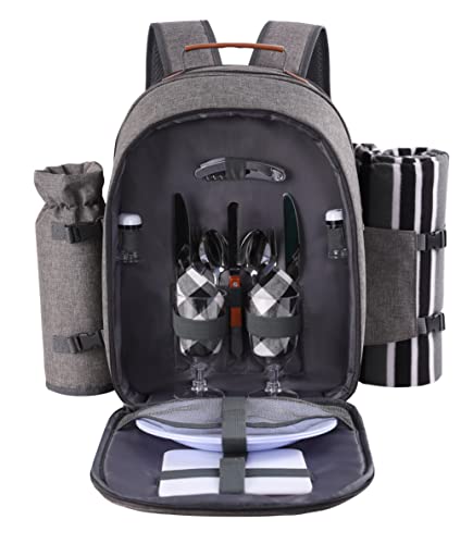 Apollo Walker Picnic Backpack Set for 2 Person with Cooler Compartment, Detachable Bottle/Wine Holder, Fleece Blanket, Plates and Cutlery Set - color: Lightgrey, size: 2 Person
