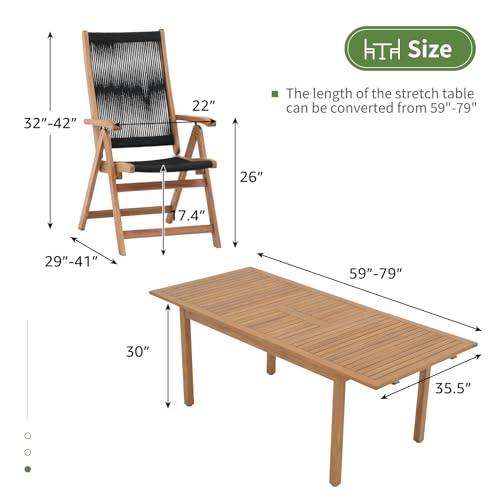 OC Orange-Casual 7 Pieces Patio Dining Set Outdoor Furniture with 6 Foldable Acacia Wooden and Rope Chairs and Large Table for Outdoor,Yard, Garden, Porch, Black - color: Black