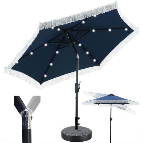 GDY 7.5ft Tassel Patio Umbrella and Matching Base, Outdoor Table Umbrella with 18 LED Lights,Market Umbrella with 6 Sturdy Ribs, with Push Button Tilt and Crank, Dark Blue - color: Dark Blue+18 Lights, size: Umbrella+Base