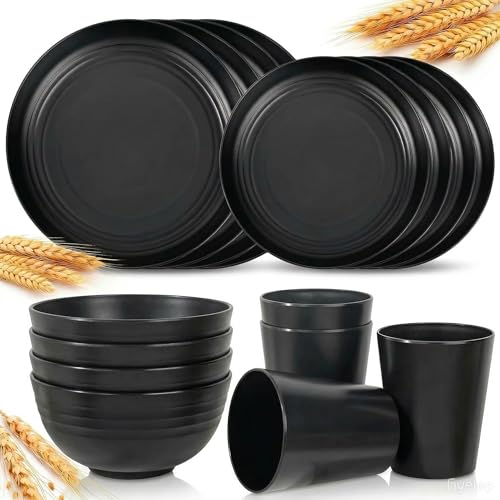 Wheat Straw 16 PCS Plates and Bowls Sets for 4 persons, Unbreakable Dinnerware Sets, Plastic Dish Set for Camping, Dishwasher Microwave Safe, Outdoor Kitchen and Apartment Dinning (Black) - color: Black
