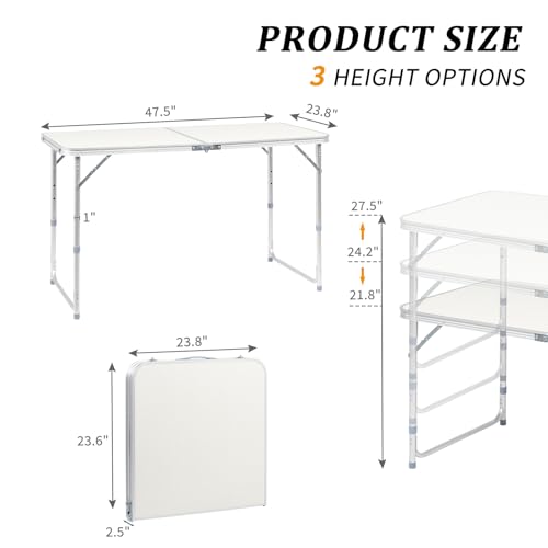 3.0 Ft Folding Portable Camping Table with Adjustable Height Aluminum Legs for Kitchen, BBQ, Dining, Picnic, Cooking, Beach, Garden, Party, Traval, Party, 4-6 People - color: White, size: 3 Ft