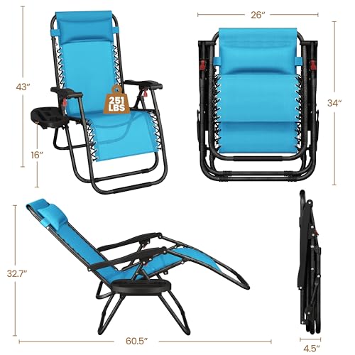 Yaheetech Zero Gravity Recliners Outdoor Adjustable Folding Reclining Lounge Chairs w/Pillows, Cup Holder Trays and Carry Strap for Patio Backyard Beach Light Blue Set of 2 - color: Light Blue